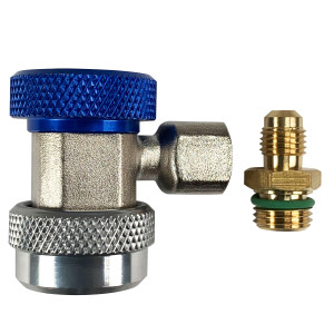 Appli Parts APQC-134L Acople Rapido Refrigeracion y Aire Acondicionado Automotriz para carga y servicio R-134 Baja azul, adaptador de bronce, conexion de 1/4 de pulg