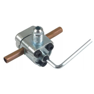 Valvula perforadora tipo bala con adaptadores de tubo de 1/4, 5/16 o 3/8 pulgada y sello  para sistemas de refrigeracion con puerto de servicio SAE de 1/4 pulgada Valvula perforadora tipo bala con adaptadores de tubo de 1/4, 5/16 o 3/8 pulgada y sello  para sistemas de refrigeracion con puerto de servicio SAE de 1/4 pulgada