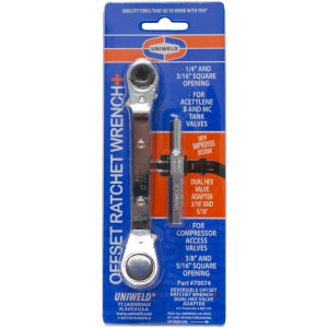 Uniweld 70074 Offset Ratchet Wrench, 1/4 and 3/16 in Square opening, 3/8 and 5/16 in Square opening, with 3/16 and 5/16 in Dual Hex Valve Adapter