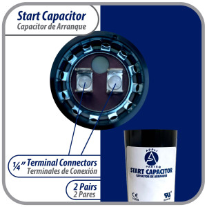 Appli Parts motor start capacitor 161-193 Mfd (microfarads) uF 250 VAC universal fit for electric motor applications 1-7/16 in Wide 3-3/8 in Height CON-161-250  