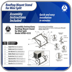 Appli Parts APAB-4335 Rooftop Mount Stand for Mini Split 9000 to 24000 BTU Supports 335 lb Adjustable 10 to 45 Degrees Includes Anti Vibration Pads and Full Installation Kit