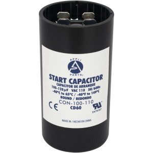 Appli Parts motor start capacitor 100-120 Mfd (microfarads) uF 110-125 VAC universal fit for electric motor applications 1-7/16 in Diameter 2-3/4 in Height CON-100-110

