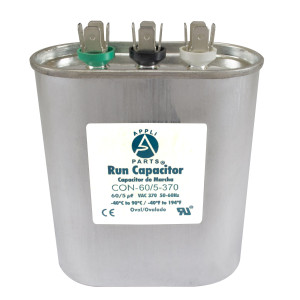 Appli Parts Dual Run Capacitor for ac 60+5 Mfd uF (microfarads) 370VAC CBB65 Oval Universal fit for hvac and other applications 3-1/2in Wide 1-3/4in Depth 4-1/2in High CON-60/5-370