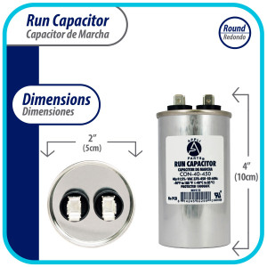 Appli Parts Run Capacitor for ac 40 Mfd uF (microfarads) 370 VAC or 450 VAC CBB65 Round Universal fit for hvac and other applications 4 in High 2 in Wide CON-40-450