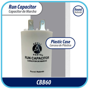 Appli Parts Run Capacitor for electric motors 16 Mfd uF (microfarads) 250VAC Plastic Case with terminals CBB60 Round Universal fit water pumps and others 3-1/8 in High 1-5/8 in Wide CON-16-250-P