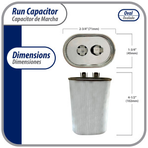 Appli Parts Run Capacitor for ac 55 Mfd uF (microfarads) 370VAC CBB65 Oval Universal fit for hvac and other applications 2-3/4in Wide 1-3/4in Depth 4-1/2in High CON-55-370

