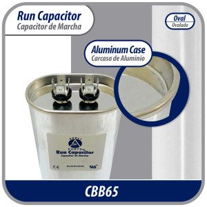 Appli Parts Run Capacitor for ac 55 Mfd uF (microfarads) 370VAC CBB65 Oval Universal fit for hvac and other applications 2-3/4in Wide 1-3/4in Depth 4-1/2in High CON-55-370
