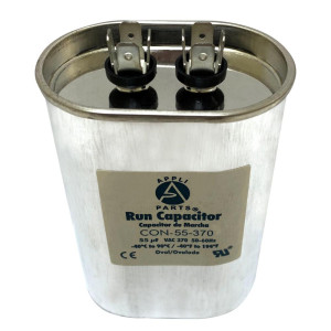Appli Parts Run Capacitor for ac 55 Mfd uF (microfarads) 370VAC CBB65 Oval Universal fit for hvac and other applications 2-3/4in Wide 1-3/4in Depth 4-1/2in High CON-55-370
