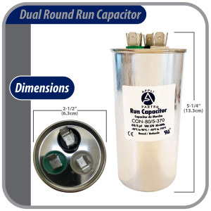 Appli Parts Condensador Capacitor de Marcha 80+5 Mfd uF (microfaradios) 370VAC CBB65 Universal Aire acondicionado y otras aplicaciones Redondo UL E476928 6.3cm Ancho 13.3cm Alto CON-80/5-370-R Appli Parts Condensador Capacitor de Marcha 80+5 Mfd uF (microfaradios) 370VAC CBB65 Universal Aire acondicionado y otras aplicaciones Redondo UL E476928 6.3cm Ancho 13.3cm Alto CON-80/5-370-R