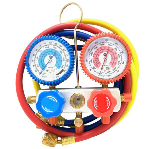 Appli Parts APMG-A1A36S Manometro R410, Escala Dual Presion Kpa/psi, Dual Temperatura Fahrenheit/Centigrado, Cuerpo Aluminio con Mirilla, incluye Mangueras 90cm 5/16 SAE Rojo y Azul, 1/4 SAE Amarillo