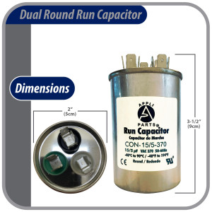 Appli Parts Condensador Capacitor de Marcha 15+5 Mfd uF (microfaradios) 370VAC CBB65 Universal Aire acondicionado y otras aplicaciones Redondo UL E476928 5cm Ancho 9cm Alto CON-15/5-370-R Appli Parts Condensador Capacitor de Marcha 15+5 Mfd uF (microfaradios) 370VAC CBB65 Universal Aire acondicionado y otras aplicaciones Redondo UL E476928 5cm Ancho 9cm Alto CON-15/5-370-R