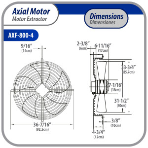 Appli Parts AXF-800-4 Extractor Axial 800 mm (31-1/2 pulg) 220-440 V, 3 ph, 60 Hz, 2200 W, 1050 rpm, Rango Temperatura -30 C a 60 C, incluye aspa y base tipo jaula