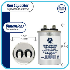 Appli Parts Run Capacitor for ac 15 Mfd uF (microfarads) 370 VAC or 450 VAC CBB65 Round Universal fit for hvac and other applications 3 in High 1-5/8 in Wide CON-15-450