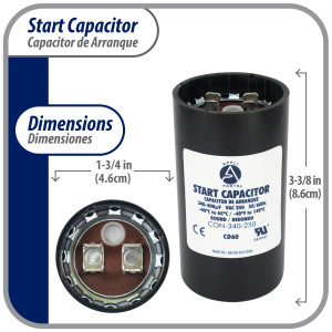 Appli Parts motor start capacitor 340-408 Mfd (microfarads) uF 250 VAC universal fit for electric motor applications 1-3/4 in Diameter 4-3/8 in Height CON-340-250

