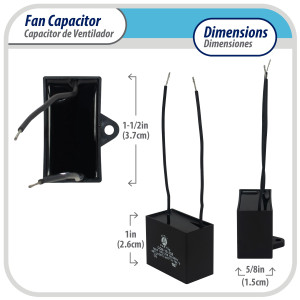 Appli Parts CAP-2-250-2C Fan Capacitor 2 mfd (microfarads) uf 250 VAC with 2 Wire Terminal Connections compatible with any brand with same capacitance 1-1/2in Width 5/8in Depth 1in Height