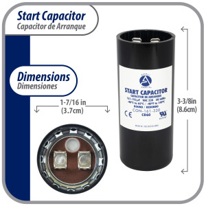 Appli Parts motor start capacitor 161-193 Mfd (microfarads) uF 330 VAC universal fit for electric motor applications 1-7/16 in Wide 3-3/8 in Height CON-161-330


