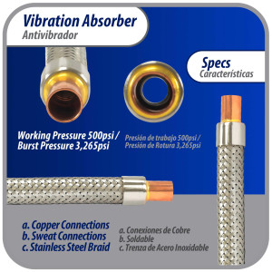 Appli Parts APVE-12 Antivibrador 1/2 pulg Soldable Eliminador de Vibracion 23cm Largo 500psi presion maxima de trabajo y 3.265psi presion de rotura