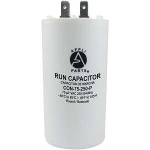Appli Parts Condensador Capacitor de Marcha 75 Mfd uF (microfaradios) 250VAC CBB60 Cuerpo plastico para bombas de agua y otras aplicaciones Redondo UL E476928 CON-75-250-P