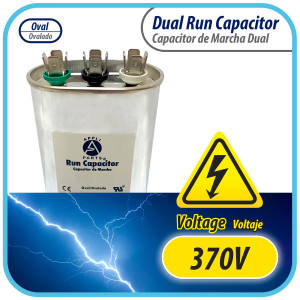 Appli Parts Dual Run Capacitor for ac 45+5 Mfd uF (microfarads) 370VAC CBB65 Oval Universal fit for hvac and other applications 2-3/4in Wide 1-3/4in Depth 4-3/4in High CON-45/5-370