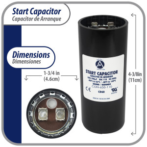 Appli Parts motor start capacitor 650-780 Mfd (microfarads) uF 110-125 VAC universal fit for electric motor applications 1-3/4 in Wide 4-3/8 in Height CON-650-110

