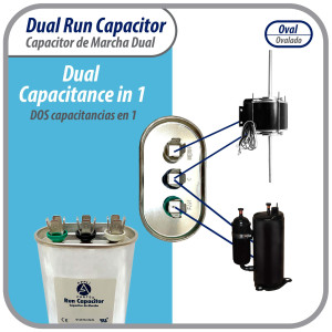Appli Parts Dual Run Capacitor for ac 20+5 Mfd uF (microfarads) 370VAC CBB65 Oval Universal fit for hvac and other applications  2-3/4 in Wide 1-3/4 in Depth 4-1/4 in Height CON-20/5-370