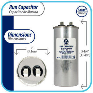 Appli Parts Run Capacitor for ac 80 Mfd uF (microfarads) 370 VAC or 450 VAC CBB65 Round Universal fit for hvac and other applications 5-1/4 in High 2 in Wide CON-80-450 