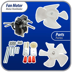 Appli Parts APFM-672 1/130 Hp Motor Ventilador, 220 V, 50/60 Hz, 3000 rpm, rotacion Reversible, Kit Universal, eje 3/16 pulg x 1-1/4 pulg largo, incluye 2 Aspa 4 y 5.5 pulg, UL, NUV-672, SM672