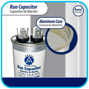 Appli Parts Run Capacitor for ac 12.5 Mfd uF (microfarads) 370VAC CBB65 Round Universal fit for hvac and other applications 3 in High 1-5/8 in Wide CON-12.5-370-R  