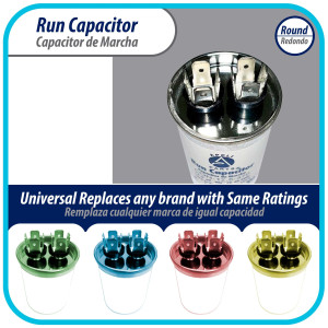 Appli Parts Run Capacitor for ac 12.5 Mfd uF (microfarads) 370VAC CBB65 Round Universal fit for hvac and other applications 3 in High 1-5/8 in Wide CON-12.5-370-R  