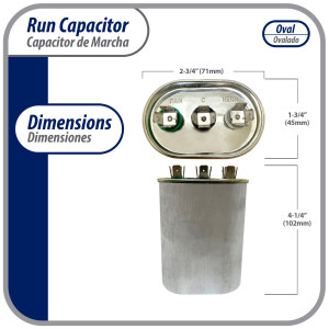 Appli Parts CON-40/5-370 Dual Run Capacitor for ac 40+5 Mfd uF (microfarads) 370VAC CBB65 Oval Universal fit for hvac and other applications 2-3/4in Wide 1-3/4in Depth 4-1/4in High