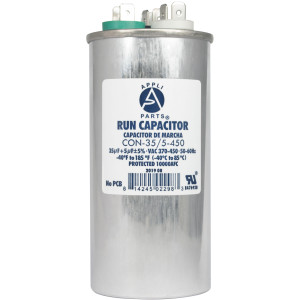 Appli Parts Dual Run Capacitor for ac 35+5 Mfd uF (microfarads) 370VAC or 450VAC CBB65 Round Universal fit for hvac and other applications 4-5/8 in High 2 in Wide CON-35/5-450 