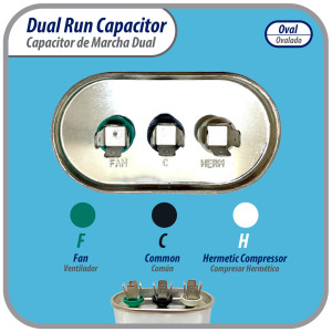 Appli Parts Dual Run Capacitor for ac 50+5 Mfd uF (microfarads) 370VAC CBB65 Oval Universal fit for hvac and other applications 2-3/4in Wide 1-3/4in Depth 4-5/8in High CON-50/5-370