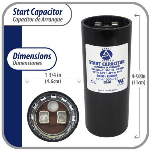 Appli Parts motor start capacitor 1000-1200 Mfd (microfarads) uF 110-125 VAC universal fit for electric motor applications 1-3/4 in Diameter 4-3/8 in Height CON-1000-110
