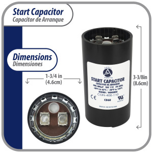 Appli Parts motor start capacitor 400-480 Mfd (microfarads) uF 110-125 VAC universal fit for electric motor applications 1-3/4 in Wide 3-3/8 in Height CON-400-110

