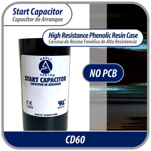 Appli Parts motor start capacitor 400-480 Mfd (microfarads) uF 110-125 VAC universal fit for electric motor applications 1-3/4 in Wide 3-3/8 in Height CON-400-110

