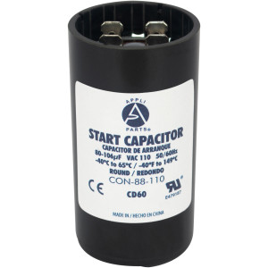 Appli Parts motor start capacitor 80-106 Mfd (microfarads) uF 110-125 VAC universal fit for electric motor applications 1-7/16 in Diameter 2-3/4 in Height CON-88-110
