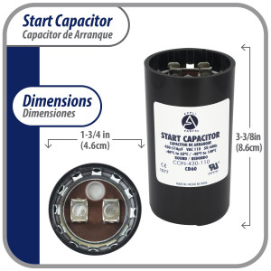 Appli Parts motor start capacitor 430-516 Mfd (microfarads) uF 110-125 VAC universal fit for electric motor applications 1-3/4 in Wide 3-3/8 in Height CON-430-110
