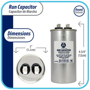 Appli Parts Run Capacitor for ac 65 Mfd uF (microfarads) 370 VAC or 450 VAC CBB65 Round Universal fit for hvac and other applications 4-3/4 in High 2 in Wide CON-65-450