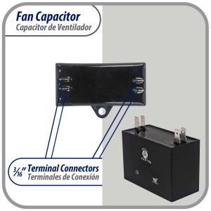 Appli Parts Fan Capacitor 2.5 mfd (microfarads) uf 250 VAC with 2 Terminal Connections compatible with any brand within the same range capacitance 1-1/2in Width 5/8in Depth 1-3/8in Height CAP-2.5-250
