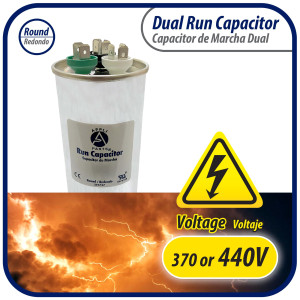 Appli Parts Dual Run Capacitor for ac 65+5 Mfd uF (microfarads) 370VAC or 450VAC CBB65 Round Universal fit for hvac and other applications 5-1/8 in High 2-1/4 in Wide CON-65/5-450