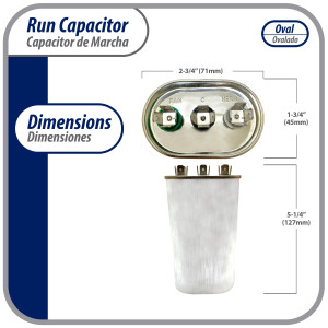 Appli Parts Dual Run Capacitor for ac 55+5 Mfd uF (microfarads) 370VAC CBB65 Oval Universal fit for hvac and other applications 2-3/4in Wide 1-3/4in Depth 5-1/4in High CON-55/5-370