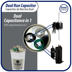 Appli Parts Dual Run Capacitor for ac 55+5 Mfd uF (microfarads) 370VAC or 450VAC CBB65 Round Universal fit for hvac and other applications 5-1/8 in High 2 in Wide CON-55/5-450