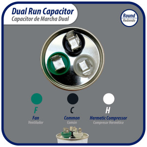 Appli Parts Dual Run Capacitor for ac 55+5 Mfd uF (microfarads) 370VAC or 450VAC CBB65 Round Universal fit for hvac and other applications 5-1/8 in High 2 in Wide CON-55/5-450