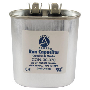 Appli Parts Run Capacitor for ac 30 Mfd uF (microfarads) 370VAC CBB65 Oval Universal fit for hvac and other applications 2-7/8in Wide 1-7/8in Depth 3-1/4 in High in Wide CON-30-370
