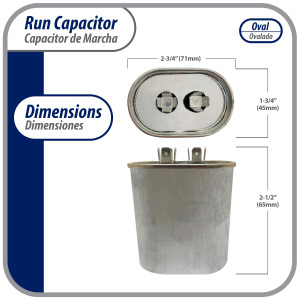 Appli Parts Run Capacitor for ac 25 Mfd uF (microfarads) 370VAC CBB65 Oval Universal fit for hvac and other applications 2-3/4 in Wide 1-3/4 in Depth 2-1/2 in Height CON-25-370 