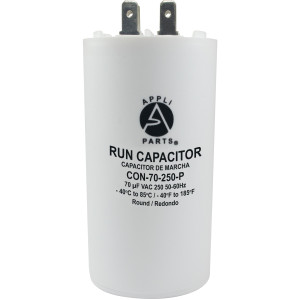 Appli Parts Run Capacitor for electric motors 70 Mfd uF (microfarads) 250VAC Plastic Case with terminals CBB60 Round Universal fit water pumps and others in High in Wide CON-70-250-P