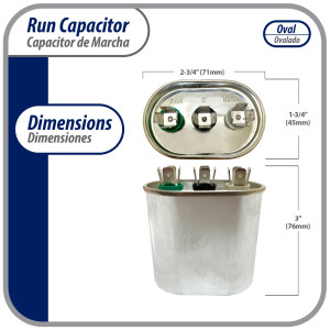 Appli Parts Dual Run Capacitor for ac 15+5 Mfd uF (microfarads) 370VAC CBB65 Oval Universal fit for hvac and other applications in Wide CON-15/5-370