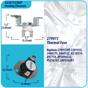 3387747 Appli Parts Kit Resistencia para Secadora 3387747KAP Compatible con Kenmore Samsung Whirlpool KitchenAid y otras. Incluye 1 resistencia de secadora 3387747 1 termostato 279816AP y 1 fusible termico 279973AP y 3392519AP