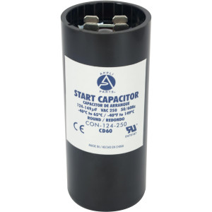 Appli Parts motor start capacitor 124-149 Mfd (microfarads) uF 250 VAC universal fit for electric motor applications 1-7/16 in Wide 3-3/8 in Height CON-124-250

