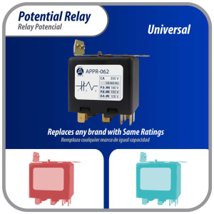 Appli Parts APPR-062 Relay Potencial 062, Voltaje de Bobina 395 V, Recogida Minima 180 V, Recogida Maxima 195 V, Caida Maxima 100 V, 50/60Hz Remplazo universal para refrigeracion y aire acondicionado